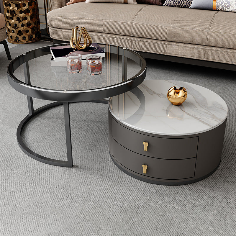 Modern Coffee Cocktail Table Round Nesting Coffee Table Set with Drawer