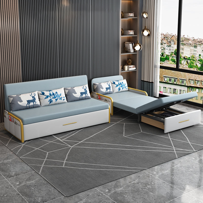 Glam Round Arms Futon Frame Bonded Leather Blue Sleeper Sofa