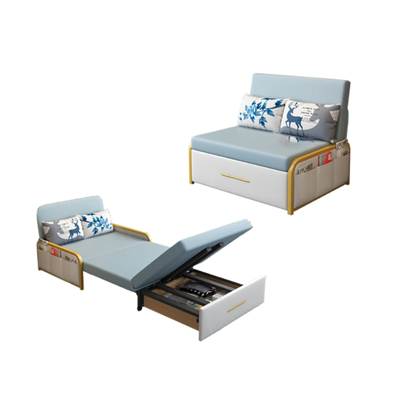 Glam Round Arms Futon Frame Bonded Leather Blue Sleeper Sofa