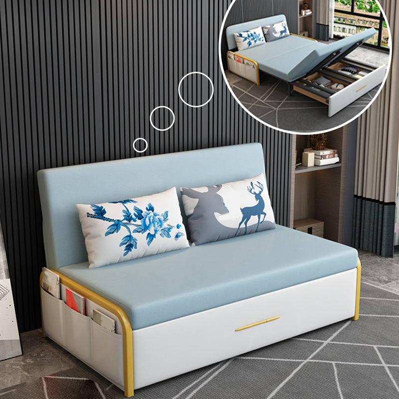 Glam Round Arms Futon Frame Bonded Leather Blue Sleeper Sofa