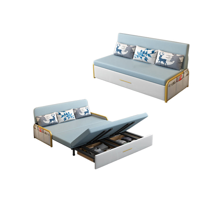 Glam Round Arms Futon Frame Bonded Leather Blue Sleeper Sofa