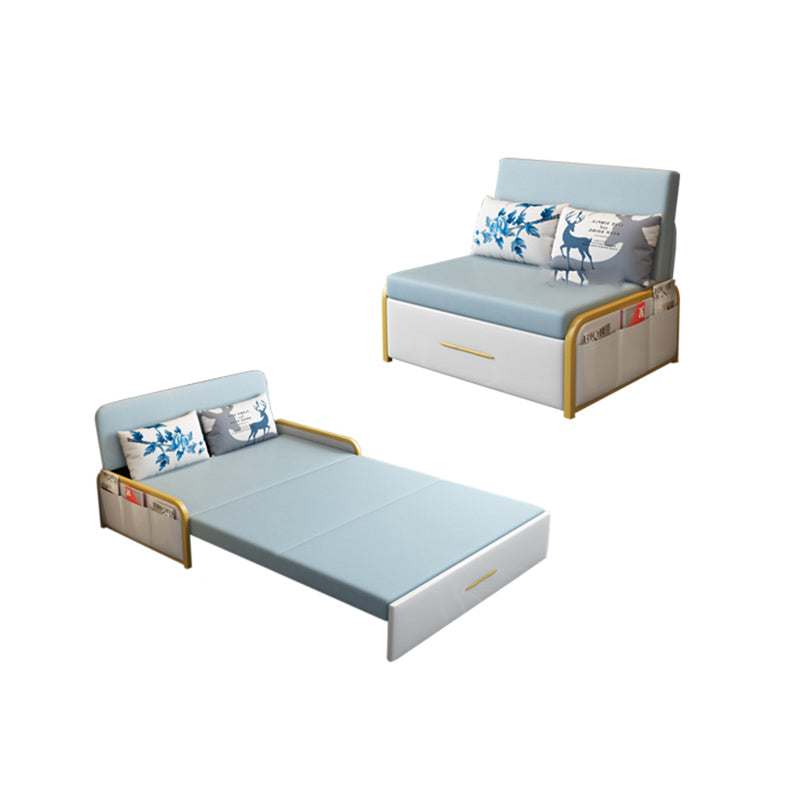 Glam Round Arms Futon Frame Bonded Leather Blue Sleeper Sofa