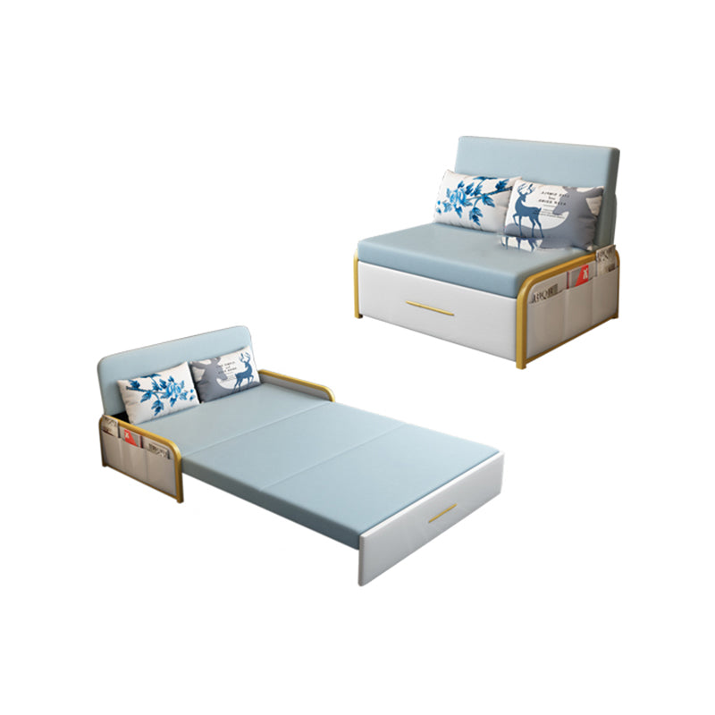 Glam Round Arms Futon Frame Bonded Leather Blue Sleeper Sofa