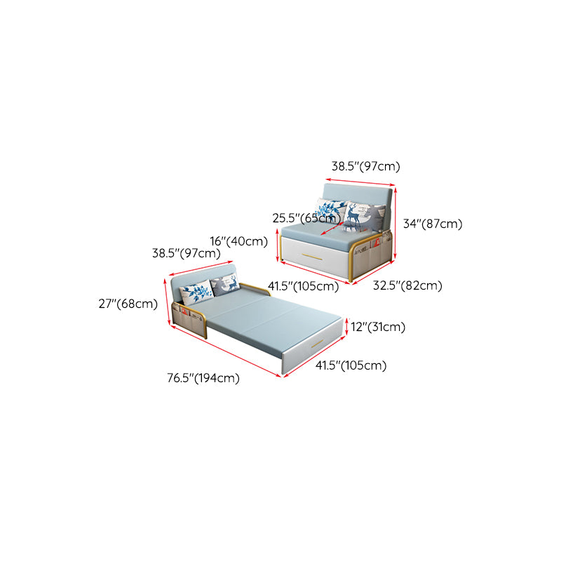 Glam Round Arms Futon Frame Bonded Leather Blue Sleeper Sofa