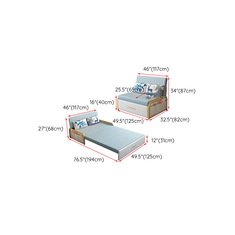 Glam Round Arms Futon Frame Bonded Leather Blue Sleeper Sofa