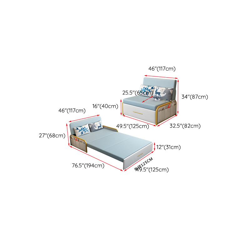 Glam Round Arms Futon Frame Bonded Leather Blue Sleeper Sofa