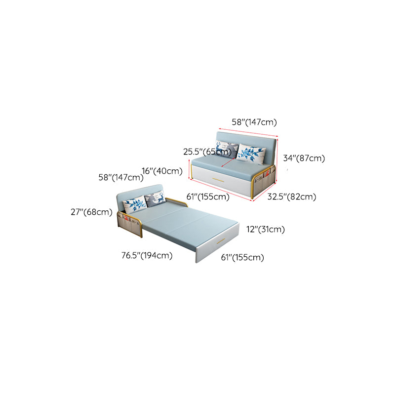 Glam Round Arms Futon Frame Bonded Leather Blue Sleeper Sofa