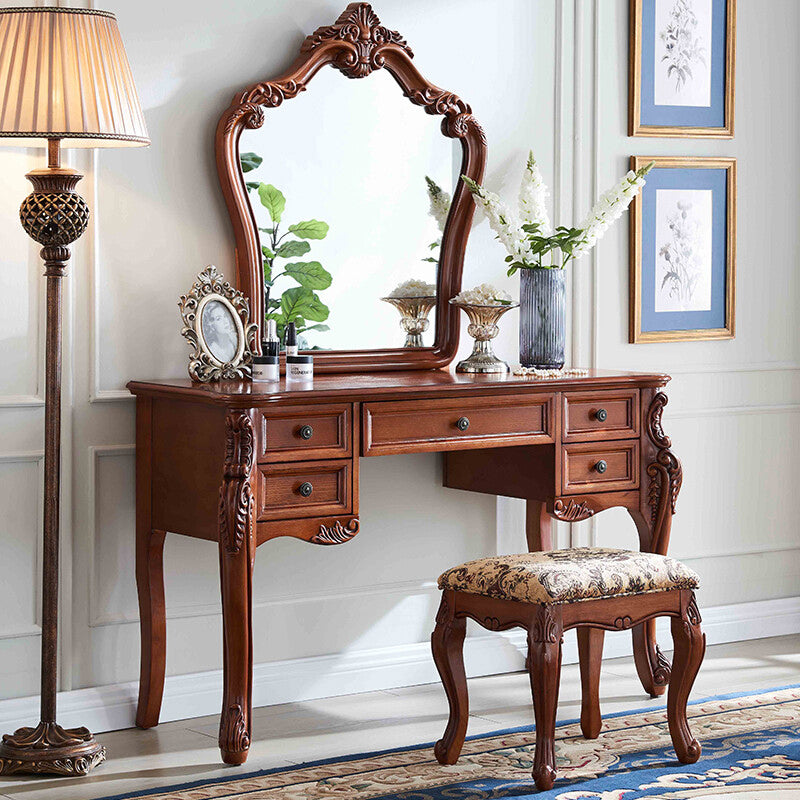 Solid Wood Brown Makeup Table Vanity with Drawers and Mirror