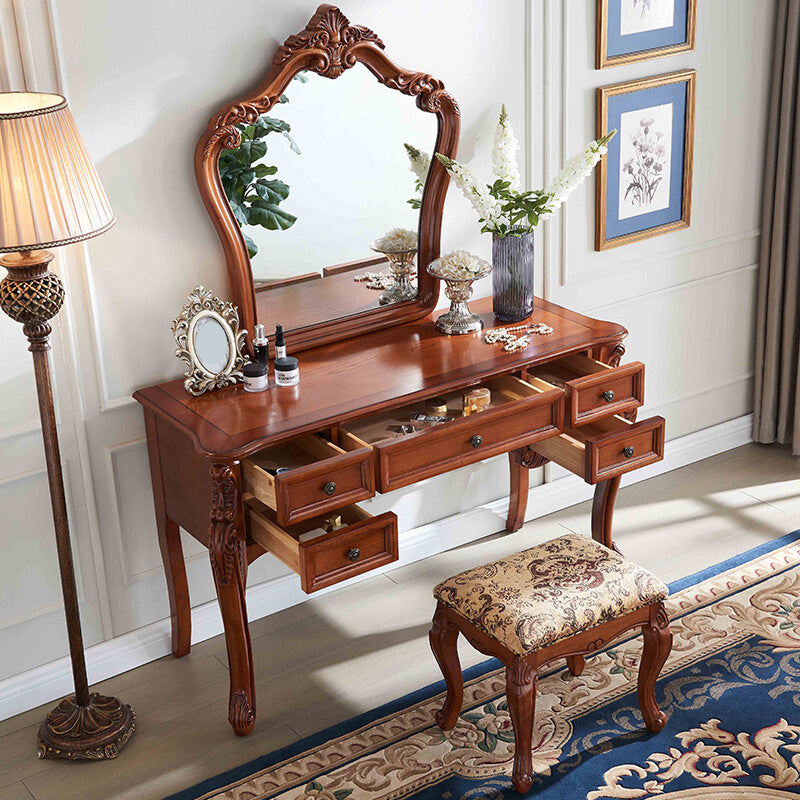 Solid Wood Brown Makeup Table Vanity with Drawers and Mirror