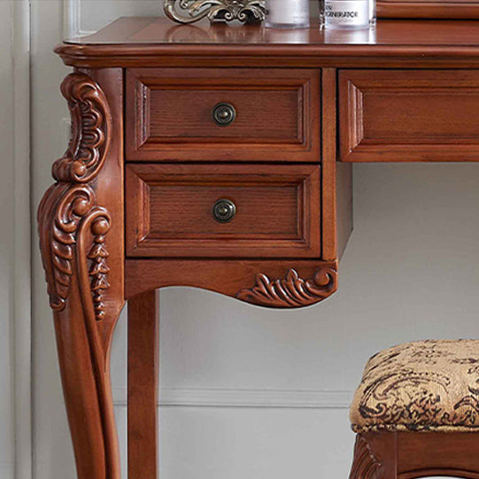 Solid Wood Brown Makeup Table Vanity with Drawers and Mirror