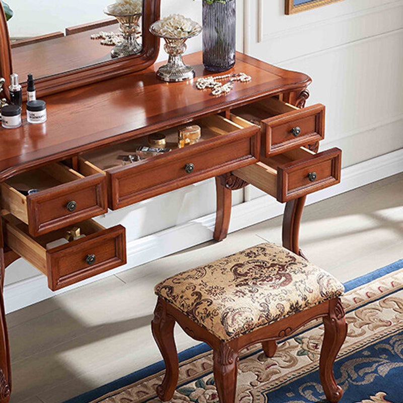 Solid Wood Brown Makeup Table Vanity with Drawers and Mirror