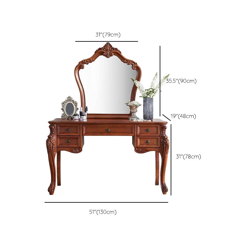 Solid Wood Brown Makeup Table Vanity with Drawers and Mirror