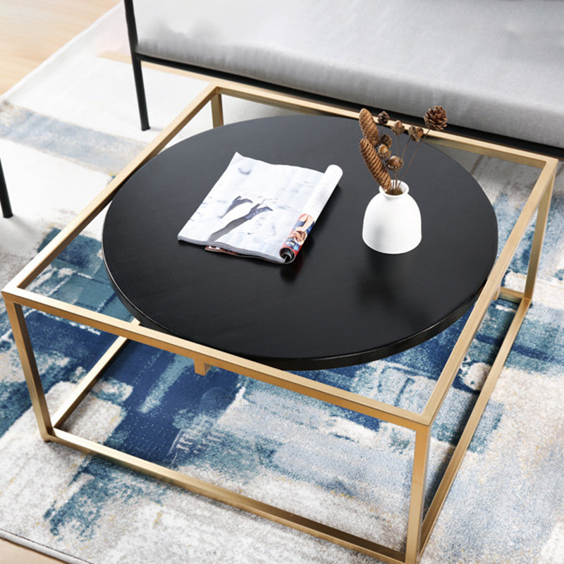 Metal Frame Base Coffee Table Round Solid Wood Cocktail Table in Black