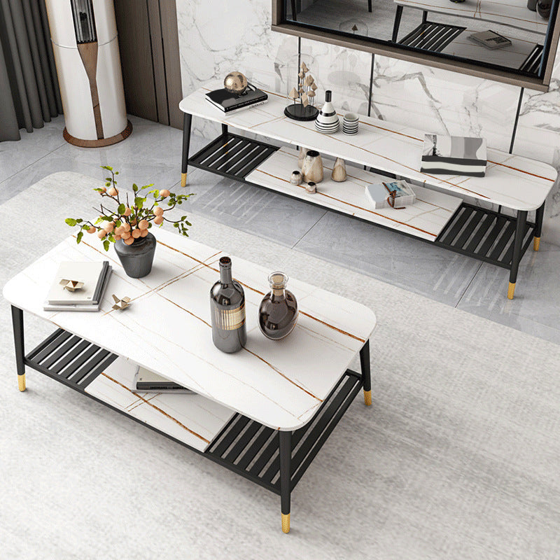 4 Legs Coffee Table Slate Top Coffee Cocktail Table with Shelf