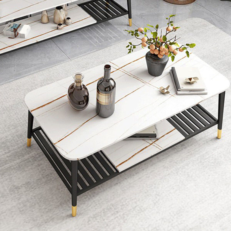 4 Legs Coffee Table Slate Top Coffee Cocktail Table with Shelf