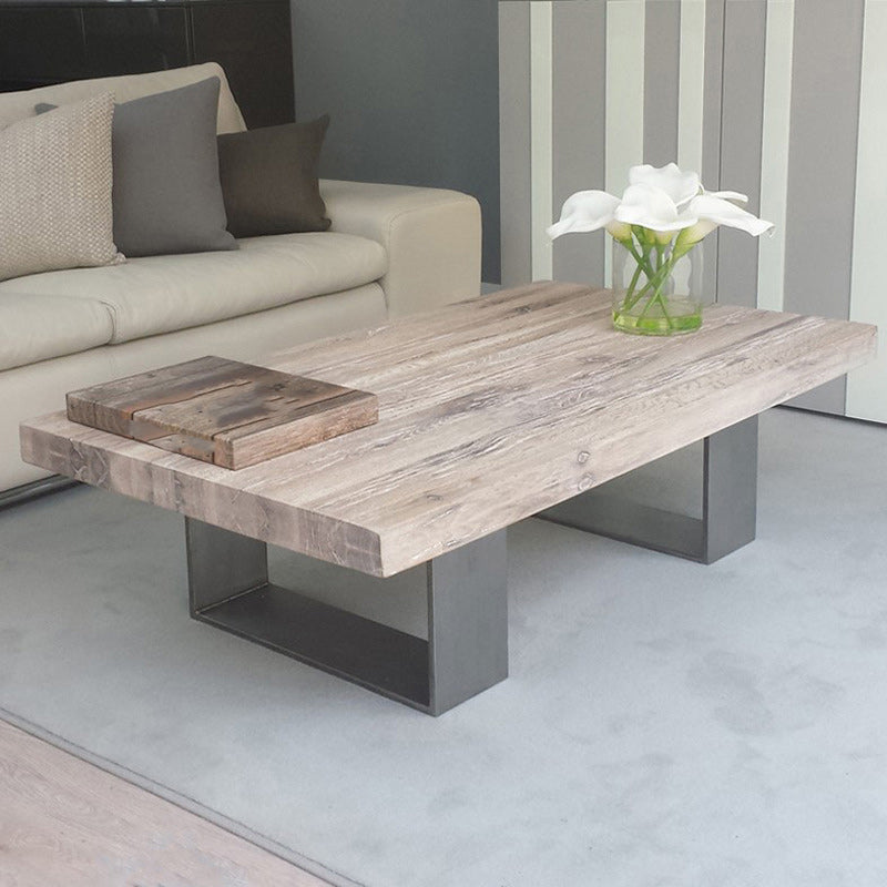 Scandinavian Solid Wood Coffee Table with Distressed Top and Sled Base