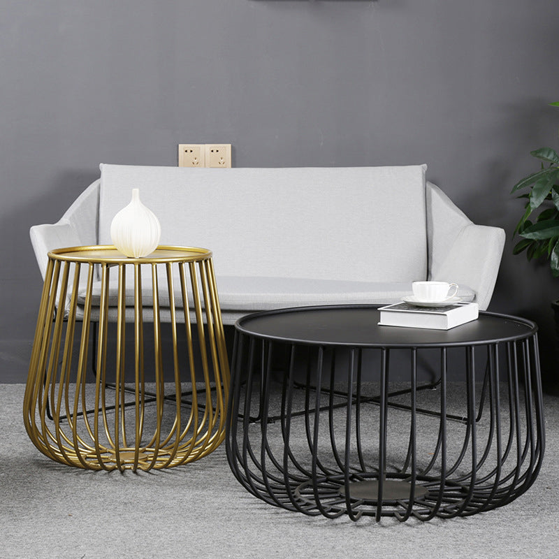 Mid-Century Modern Coffee Table with Iron Top Round Cocktail Table