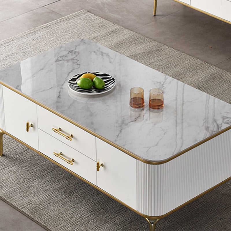 Glam 4 Legs Single Coffee Table Slate Rectangle Cocktail Table with 2 Drawers