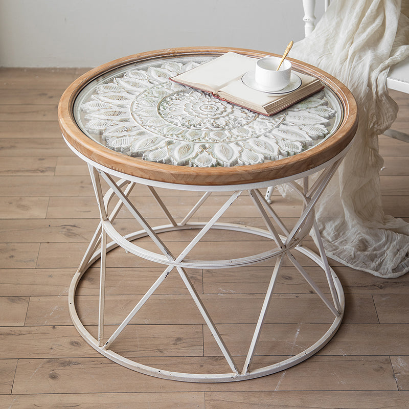 Round Shape Solid Wood End Table with Metal Base Corner Table for Living Room