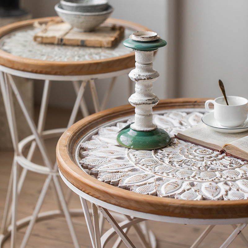 Round Shape Solid Wood End Table with Metal Base Corner Table for Living Room