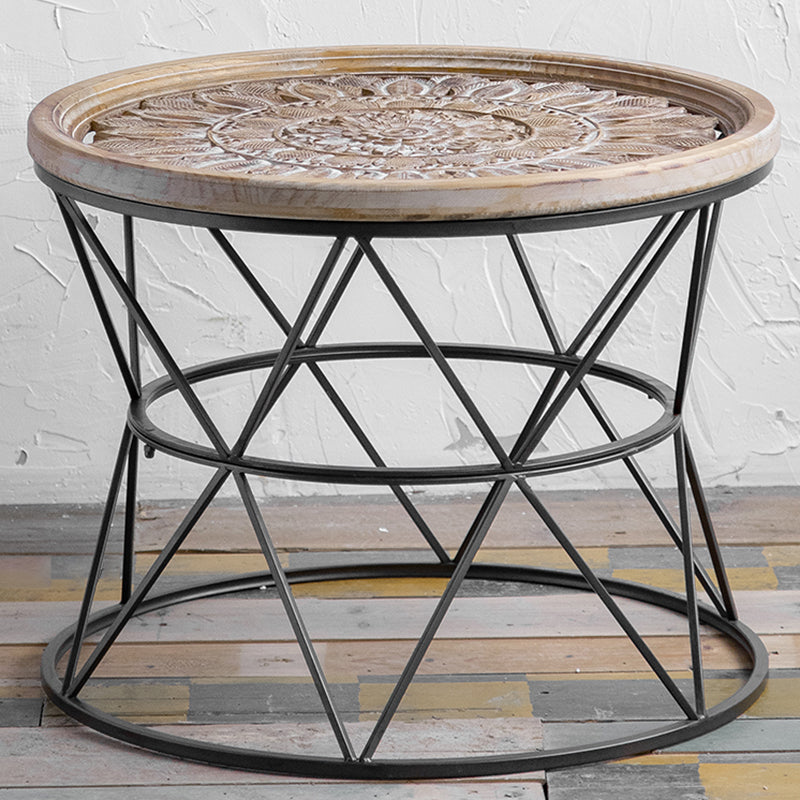 Round Shape Solid Wood End Table with Metal Base Corner Table for Living Room