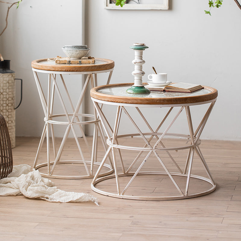 Round Shape Solid Wood End Table with Metal Base Corner Table for Living Room