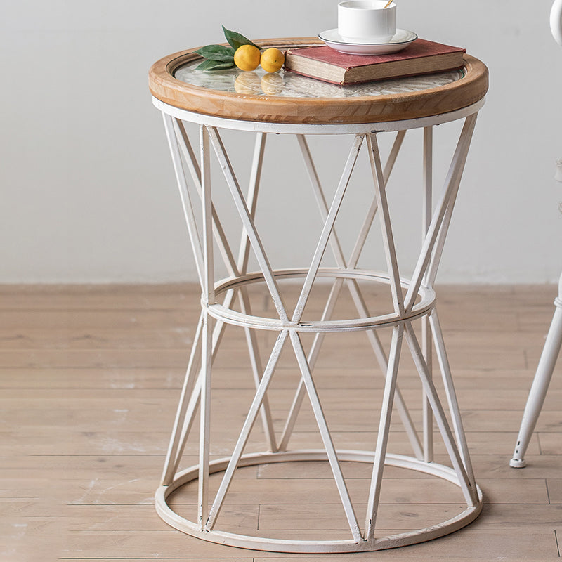 Round Shape Solid Wood End Table with Metal Base Corner Table for Living Room