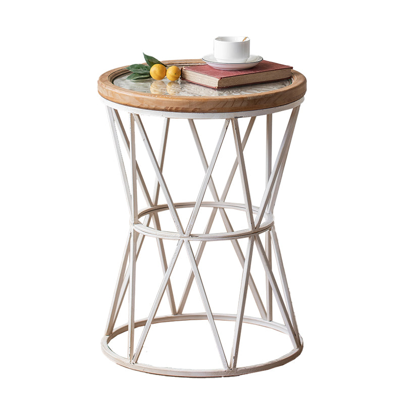 Round Shape Solid Wood End Table with Metal Base Corner Table for Living Room