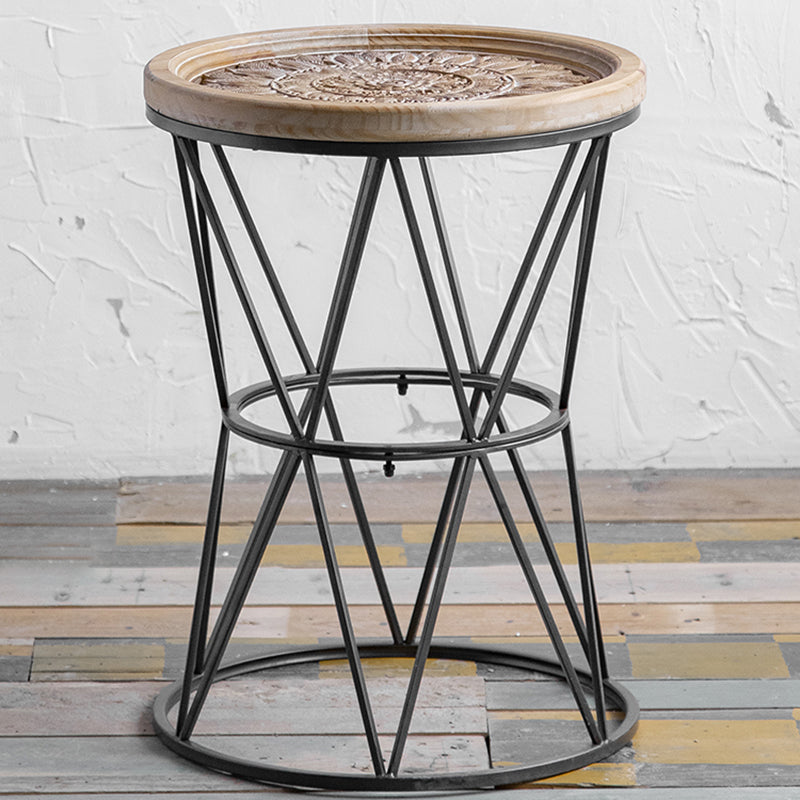 Round Shape Solid Wood End Table with Metal Base Corner Table for Living Room