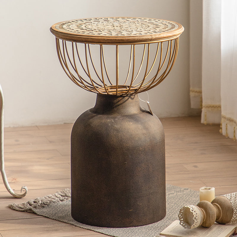 Round Shape Solid Wood End Table with Metal Base Corner Table for Living Room