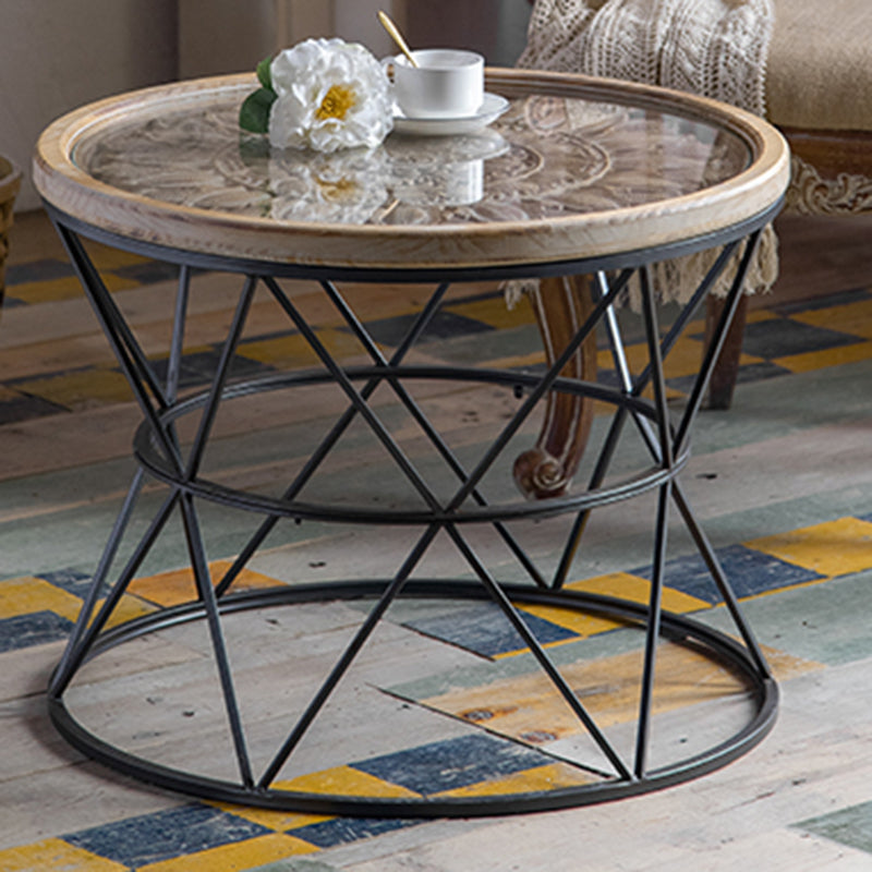 Round Shape Solid Wood End Table with Metal Base Corner Table for Living Room