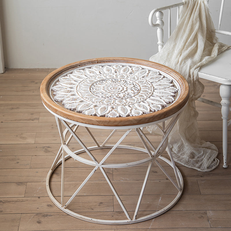 Round Shape Solid Wood End Table with Metal Base Corner Table for Living Room