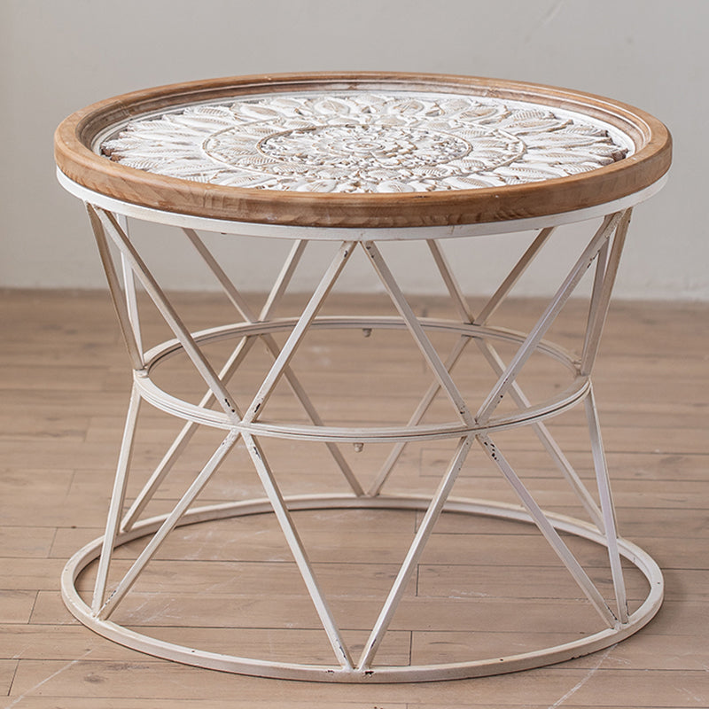 Round Shape Solid Wood End Table with Metal Base Corner Table for Living Room