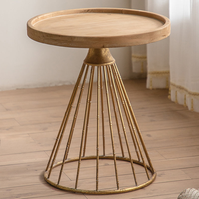 Round Shape Solid Wood End Table with Metal Base Corner Table for Living Room