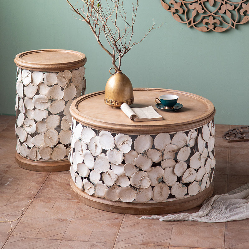 Drum Shape Accent Side Table Wood and Metal Rustic Style Corner Table