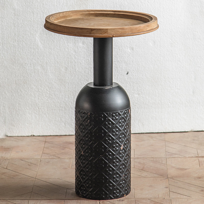 Drum Shape Accent Side Table Wood and Metal Rustic Style Corner Table