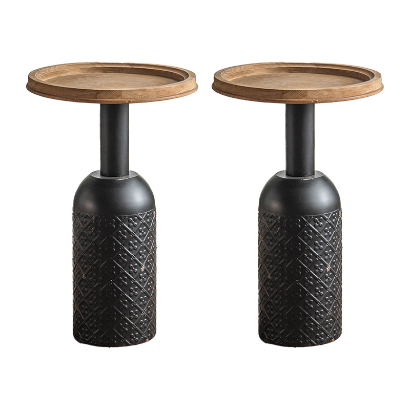 Drum Shape Accent Side Table Wood and Metal Rustic Style Corner Table