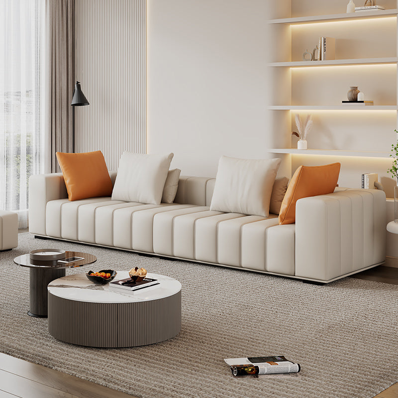 Genuine Leather Scandinavian Sofa Tuxedo Arm Sectional with Bolster Pillows