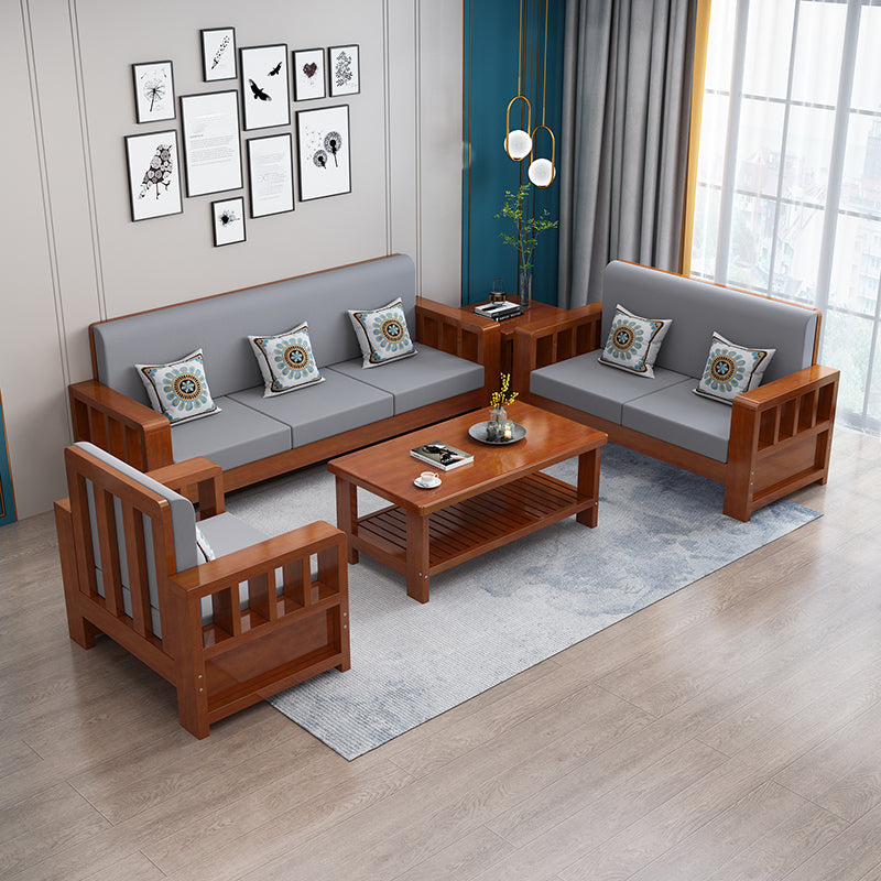 Modern Farmhouse Sofa in Solid Wood with Square Arms for Living Room