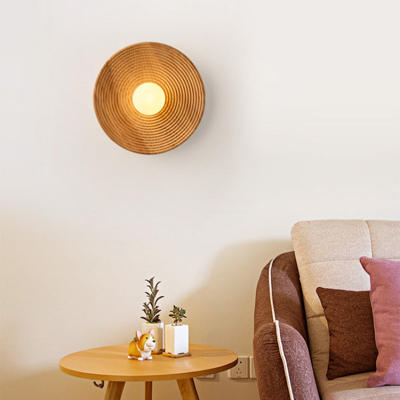 Round Shape Wood Wall Mount Light Modern Style 1-Light Wall Light Sconce