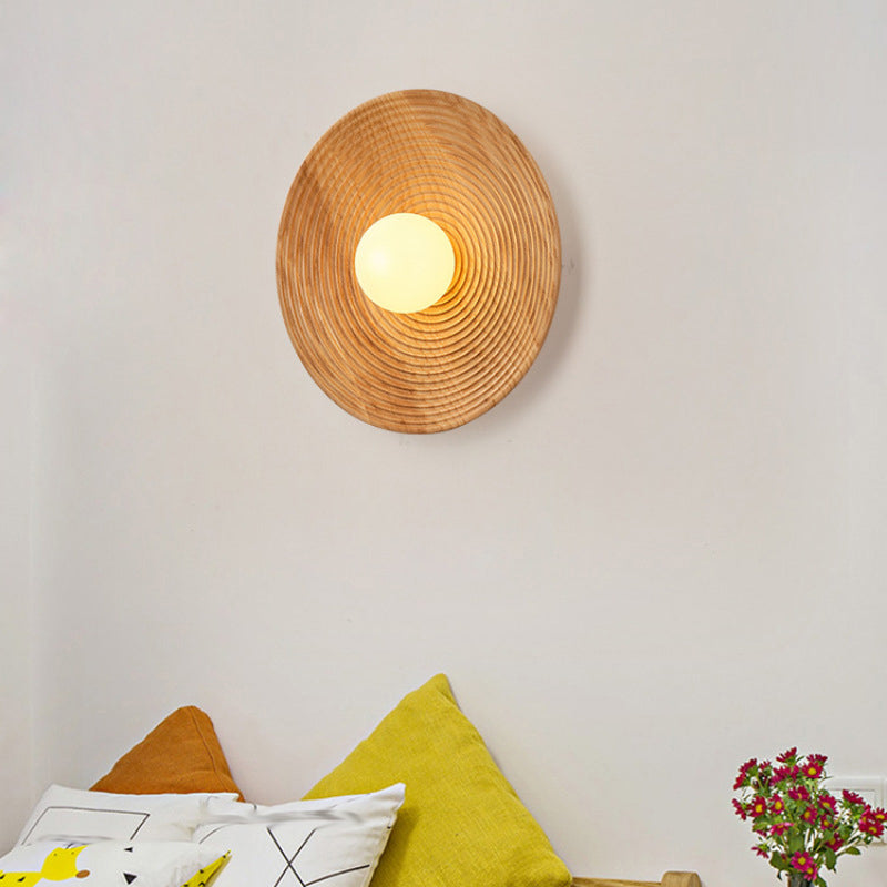 Round Shape Wood Wall Mount Light Modern Style 1-Light Wall Light Sconce