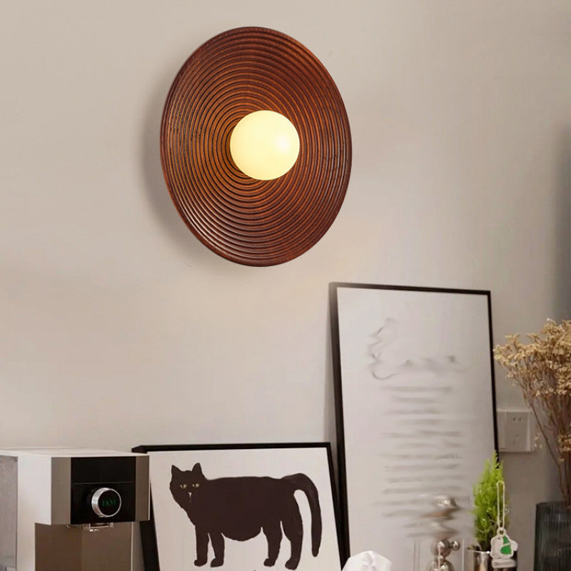 Round Shape Wood Wall Mount Light Modern Style 1-Light Wall Light Sconce