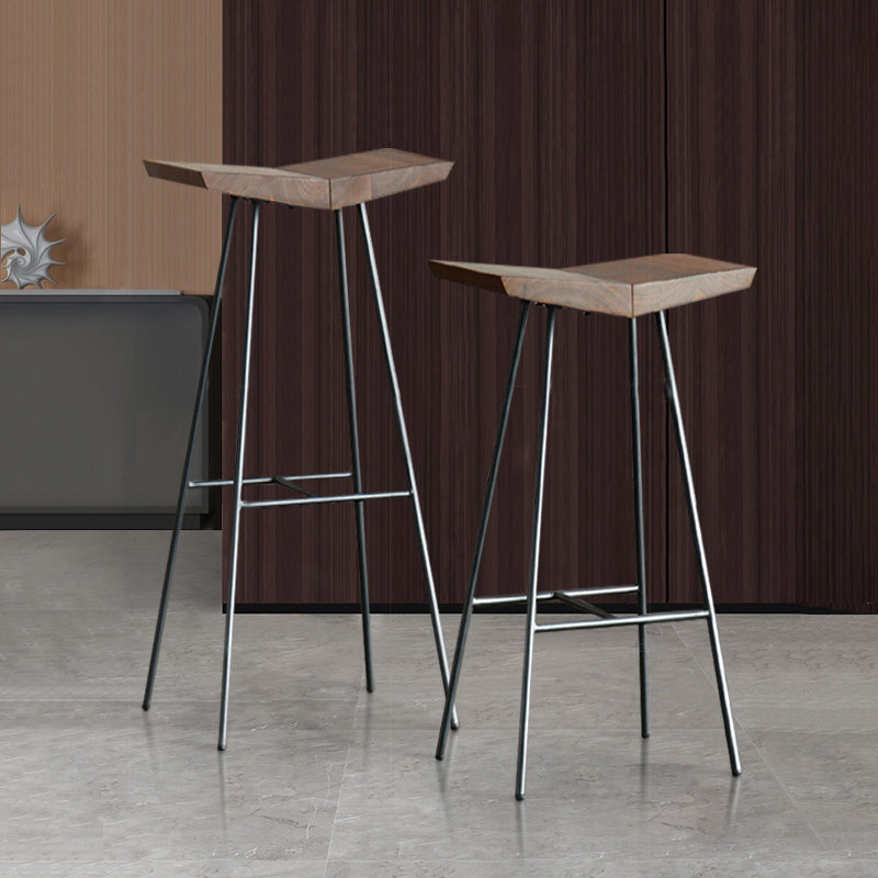 Brown Pine Wood Top Counter & Bar Stools Modern Indoor Backless Stools