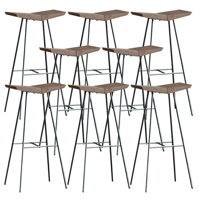 Brown Pine Wood Top Counter & Bar Stools Modern Indoor Backless Stools