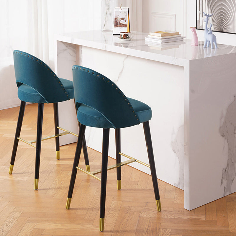 Velvet Bar Stools with Oak Wood Legs Industrial Matte Finish Indoor Stools