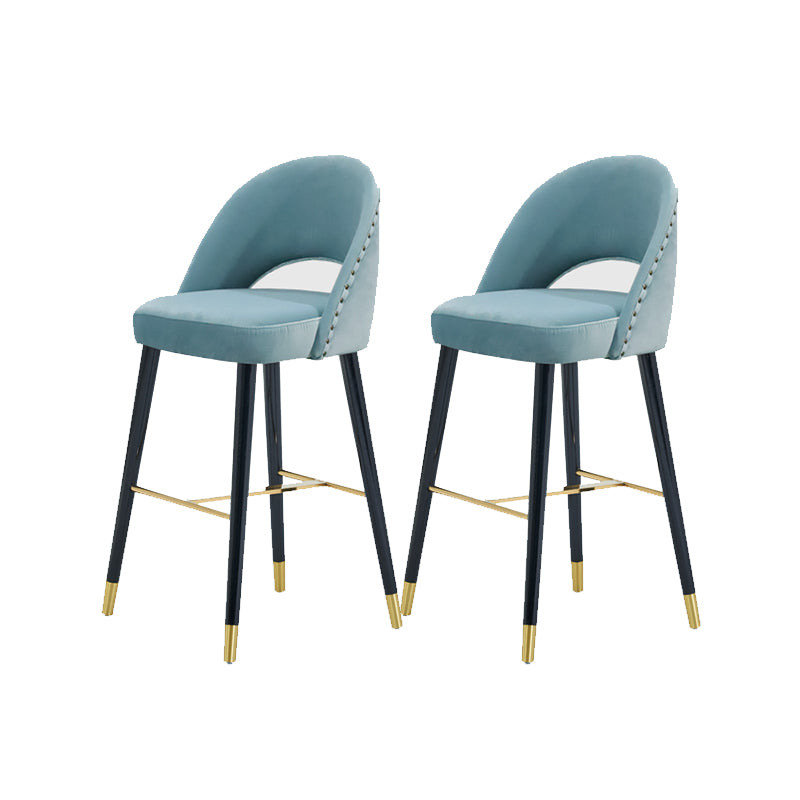 Velvet Bar Stools with Oak Wood Legs Industrial Matte Finish Indoor Stools