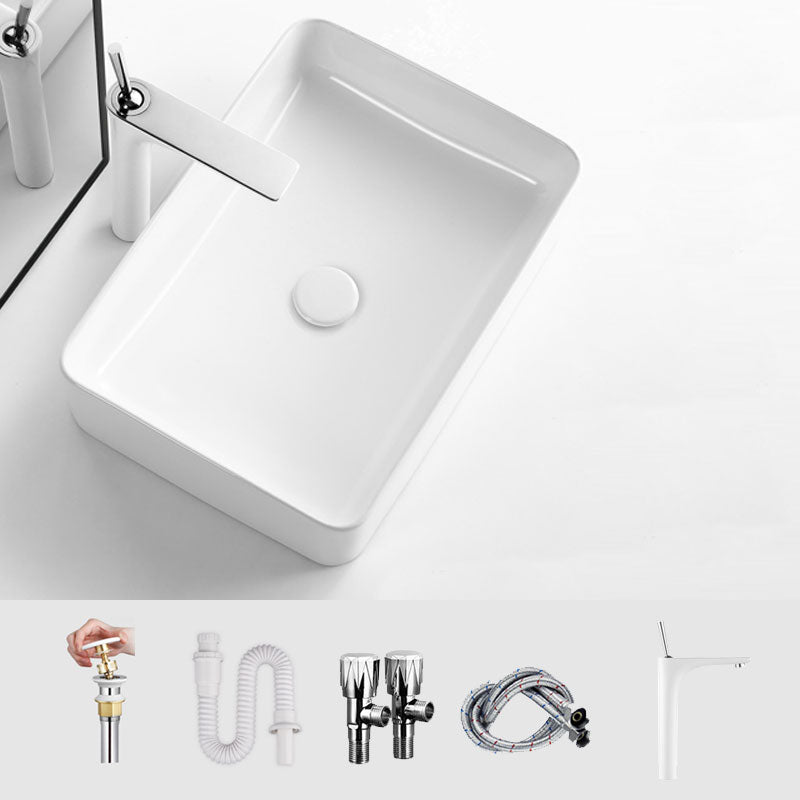 White Bathroom Sink Ceramic Rectangular Bathroom Sink with Faucet