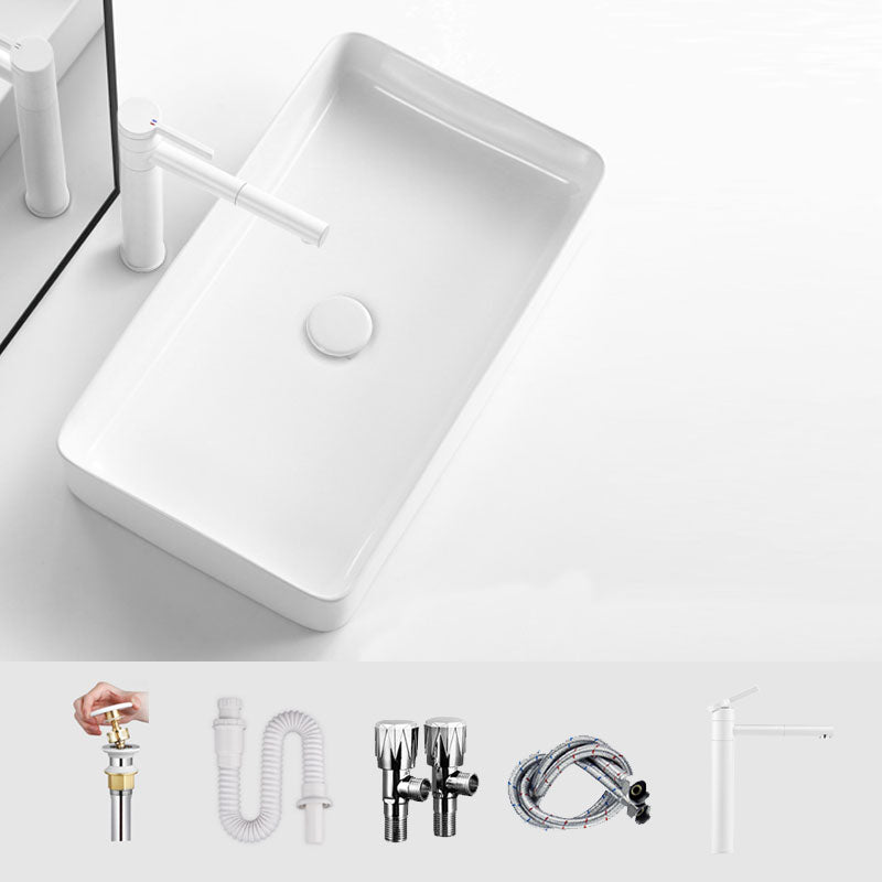 White Bathroom Sink Ceramic Rectangular Bathroom Sink with Faucet