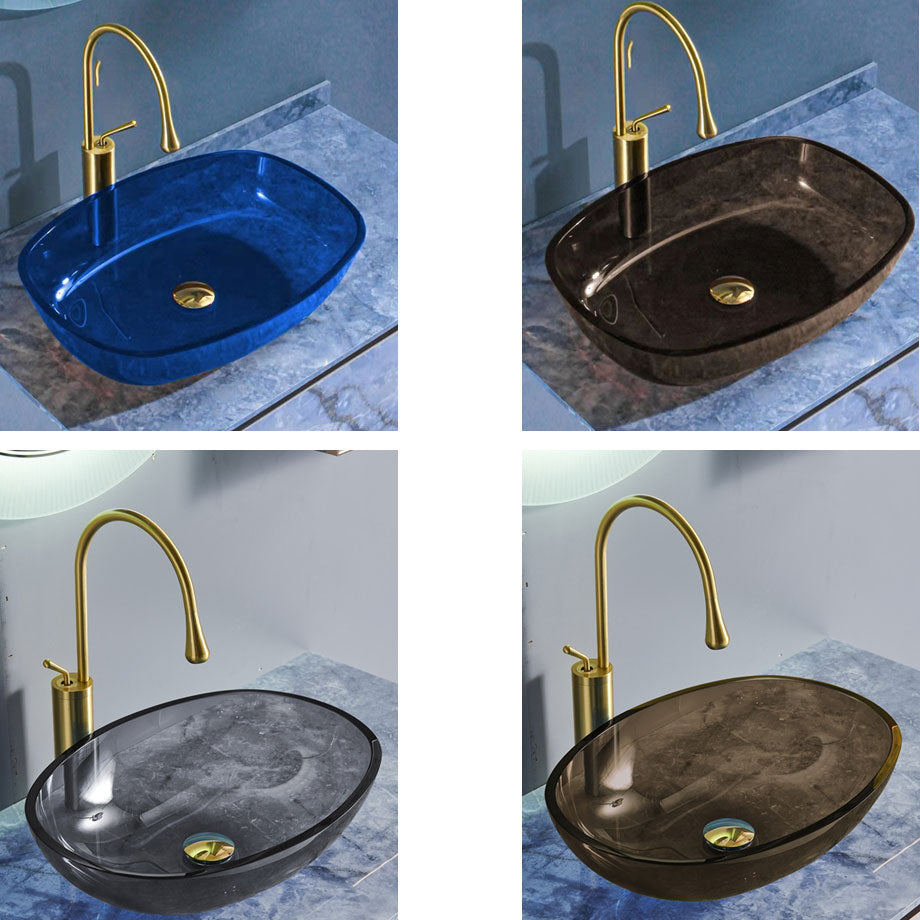 Modern Bathroom Sink Glass Oval-Shape Vessel Bathroom Sink with Pop-Up Drain