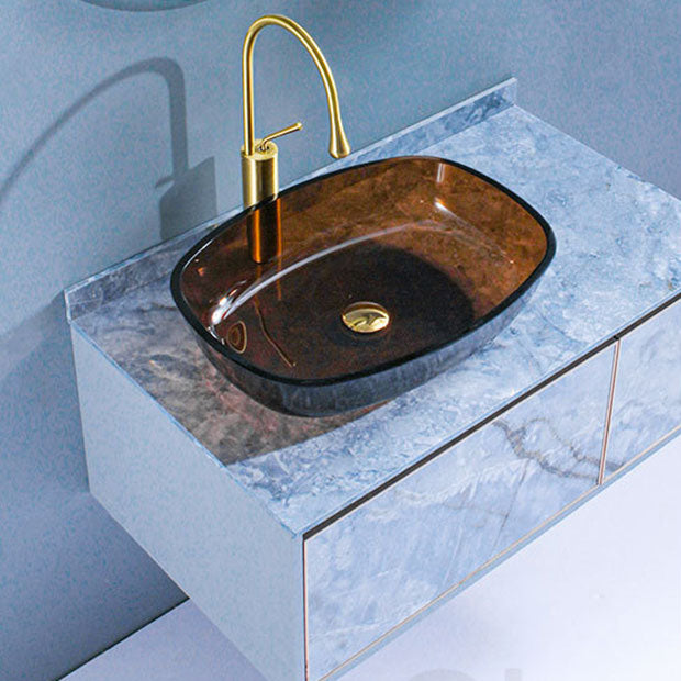 Modern Bathroom Sink Glass Oval-Shape Vessel Bathroom Sink with Pop-Up Drain